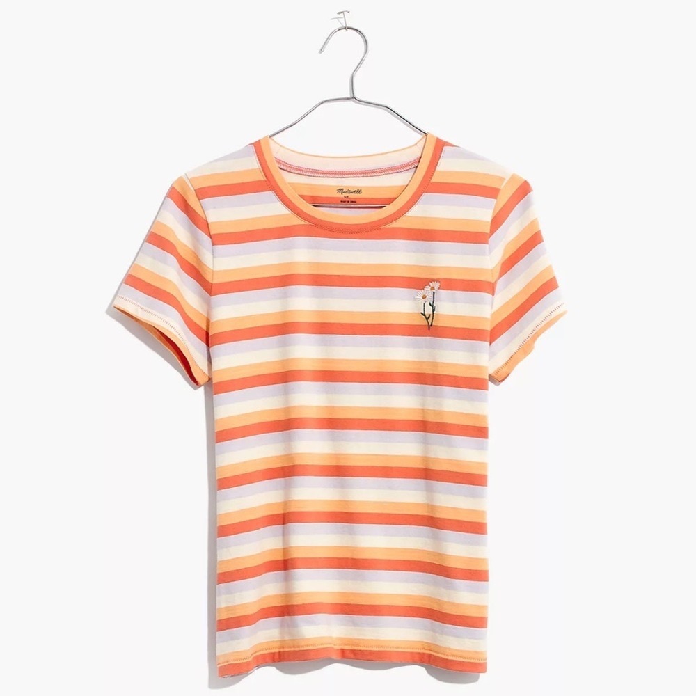 Girls' Striped Orange & Cream Short Sleeve Tee with Floral Motif